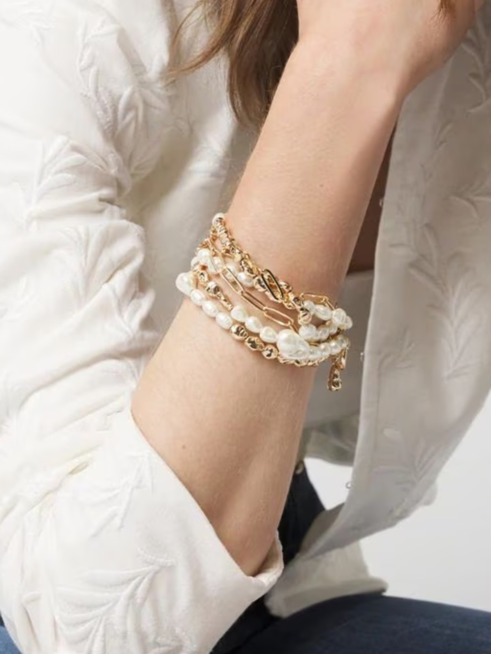 WHBM Gold Tone + Pearl Multiple Strand Bracelet Toggle Closure NWT